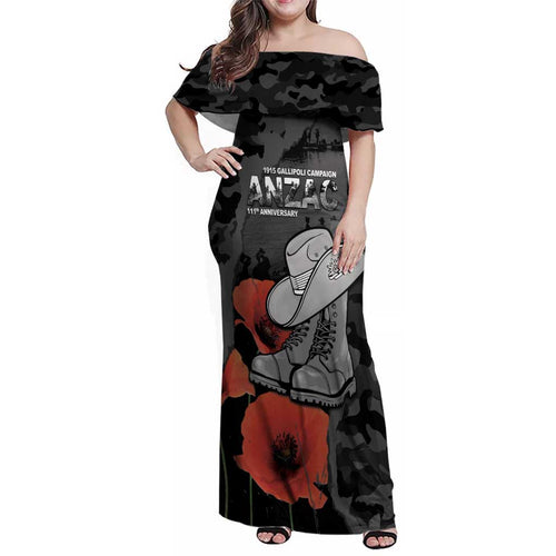 Australia 1915 Gallipoli ANZAC Family Matching Off Shoulder Maxi Dress and Hawaiian Shirt 111th Anniversary Army Boots And Slouch Hat