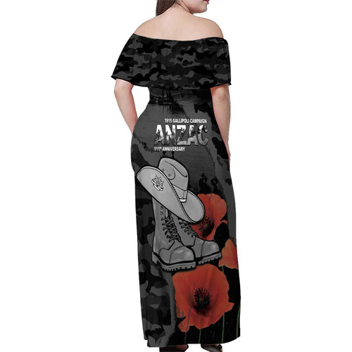 Australia 1915 Gallipoli ANZAC Family Matching Off Shoulder Maxi Dress and Hawaiian Shirt 111th Anniversary Army Boots And Slouch Hat