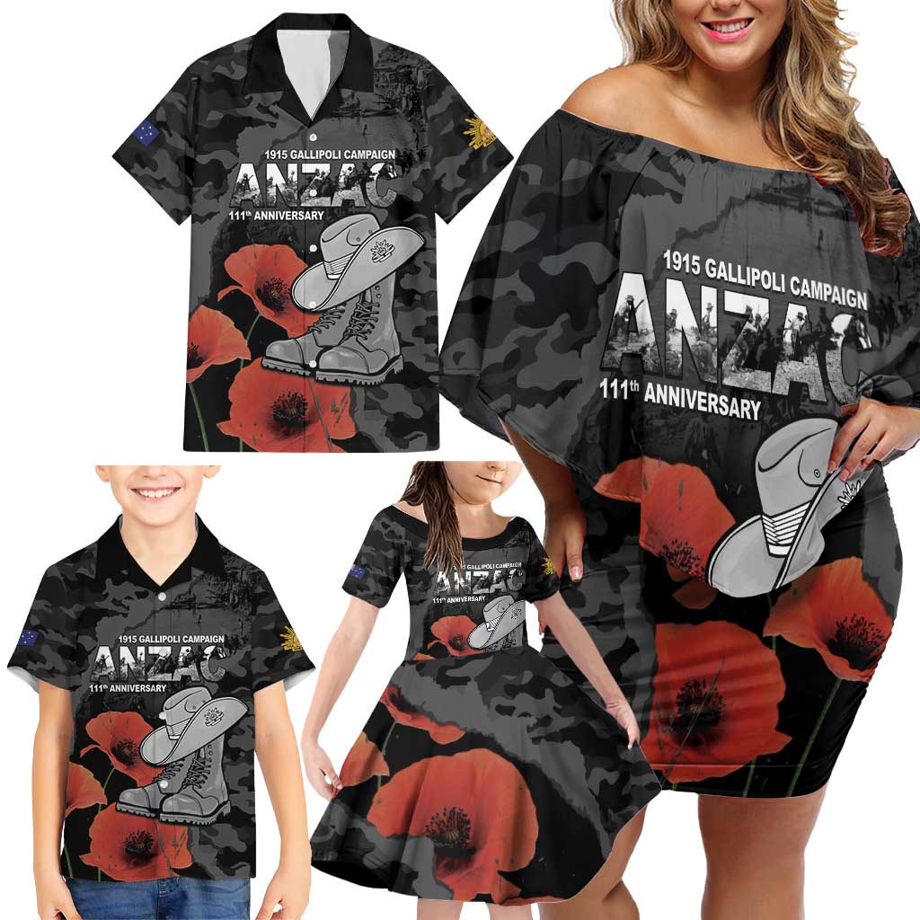 Australia 1915 Gallipoli ANZAC Family Matching Off Shoulder Short Dress and Hawaiian Shirt 111th Anniversary Army Boots And Slouch Hat
