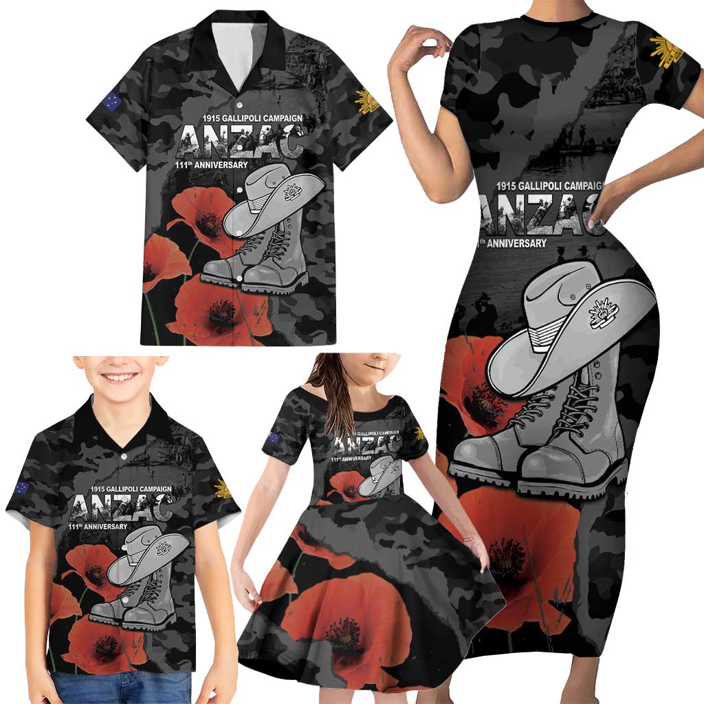 Australia 1915 Gallipoli ANZAC Family Matching Short Sleeve Bodycon Dress and Hawaiian Shirt 111th Anniversary Army Boots And Slouch Hat