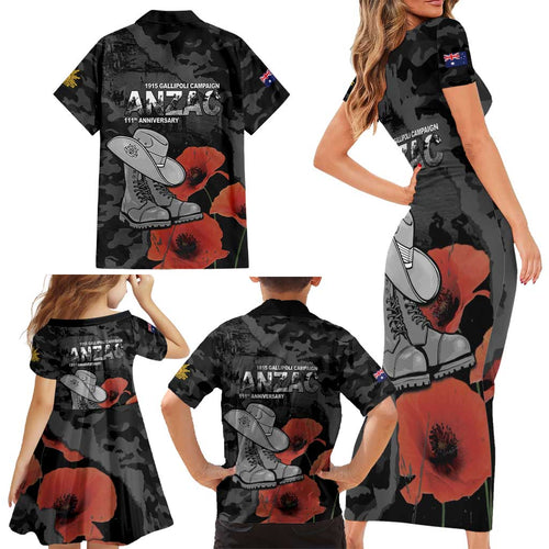 Australia 1915 Gallipoli ANZAC Family Matching Short Sleeve Bodycon Dress and Hawaiian Shirt 111th Anniversary Army Boots And Slouch Hat