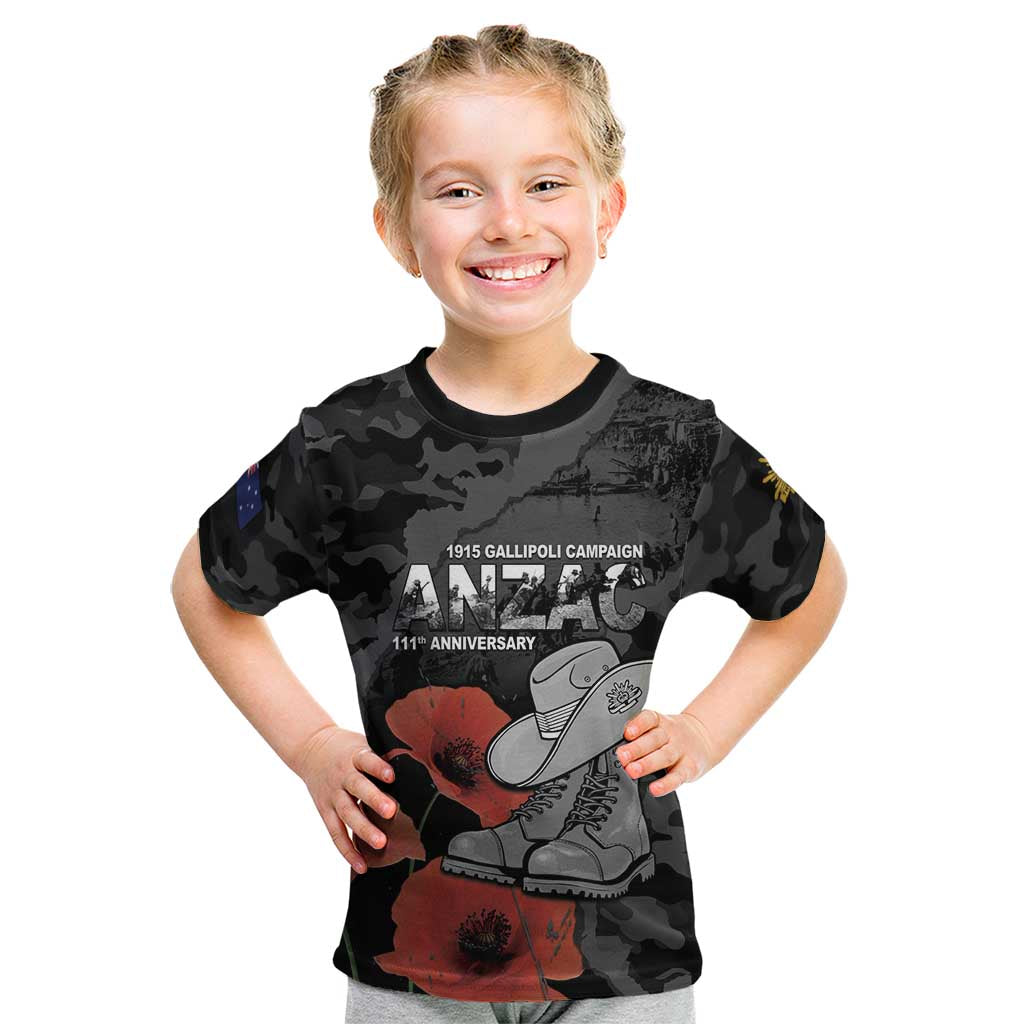 Australia 1915 Gallipoli ANZAC Kid T Shirt 111th Anniversary Army Boots And Slouch Hat