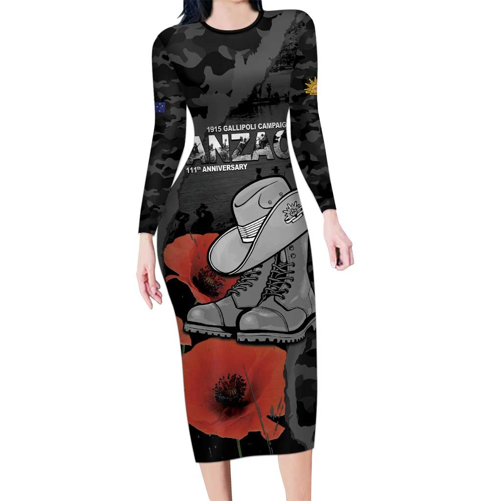 Australia 1915 Gallipoli ANZAC Long Sleeve Bodycon Dress 111th Anniversary Army Boots And Slouch Hat