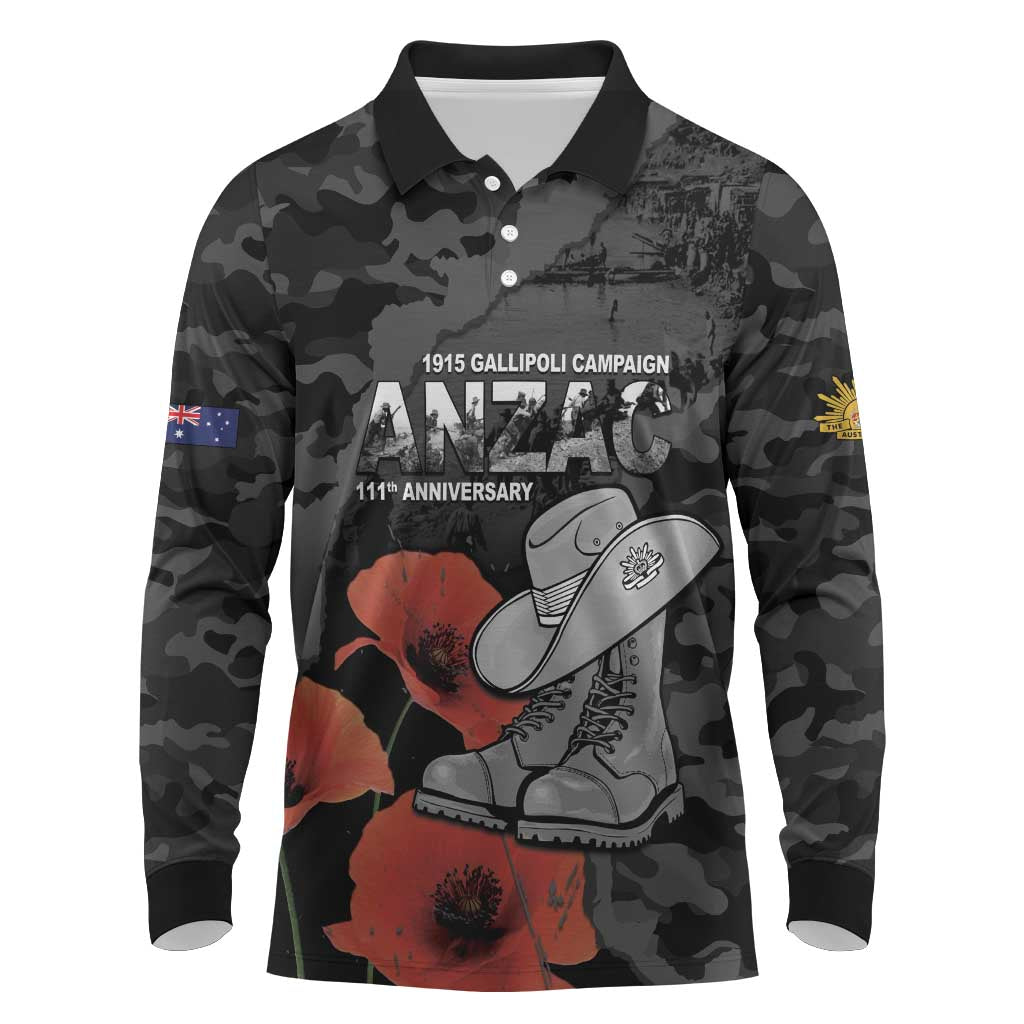 Australia 1915 Gallipoli ANZAC Long Sleeve Polo Shirt 111th Anniversary Army Boots And Slouch Hat