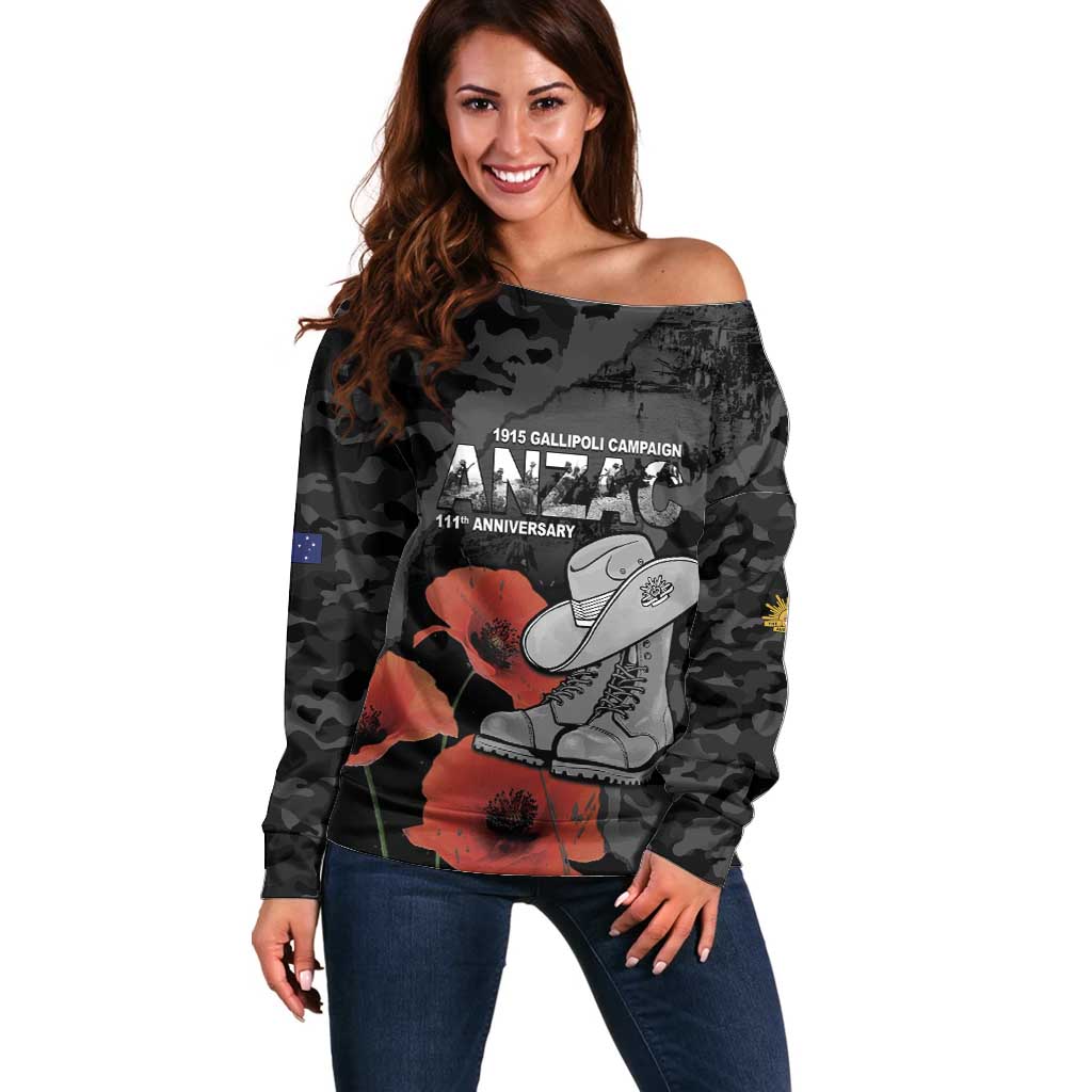 Australia 1915 Gallipoli ANZAC Off Shoulder Sweater 111th Anniversary Army Boots And Slouch Hat