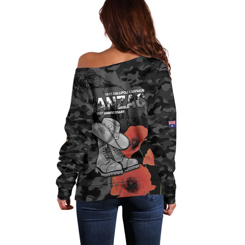 Australia 1915 Gallipoli ANZAC Off Shoulder Sweater 111th Anniversary Army Boots And Slouch Hat