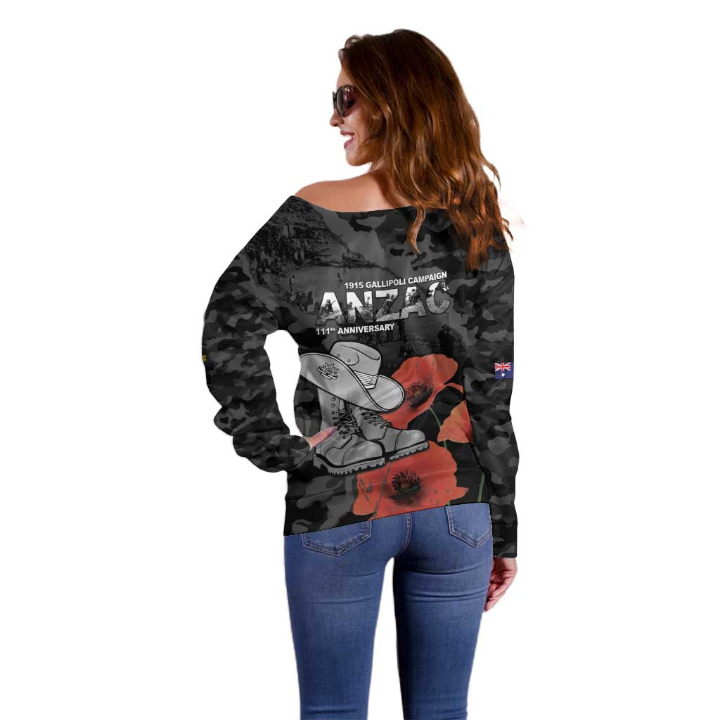 Australia 1915 Gallipoli ANZAC Off Shoulder Sweater 111th Anniversary Army Boots And Slouch Hat