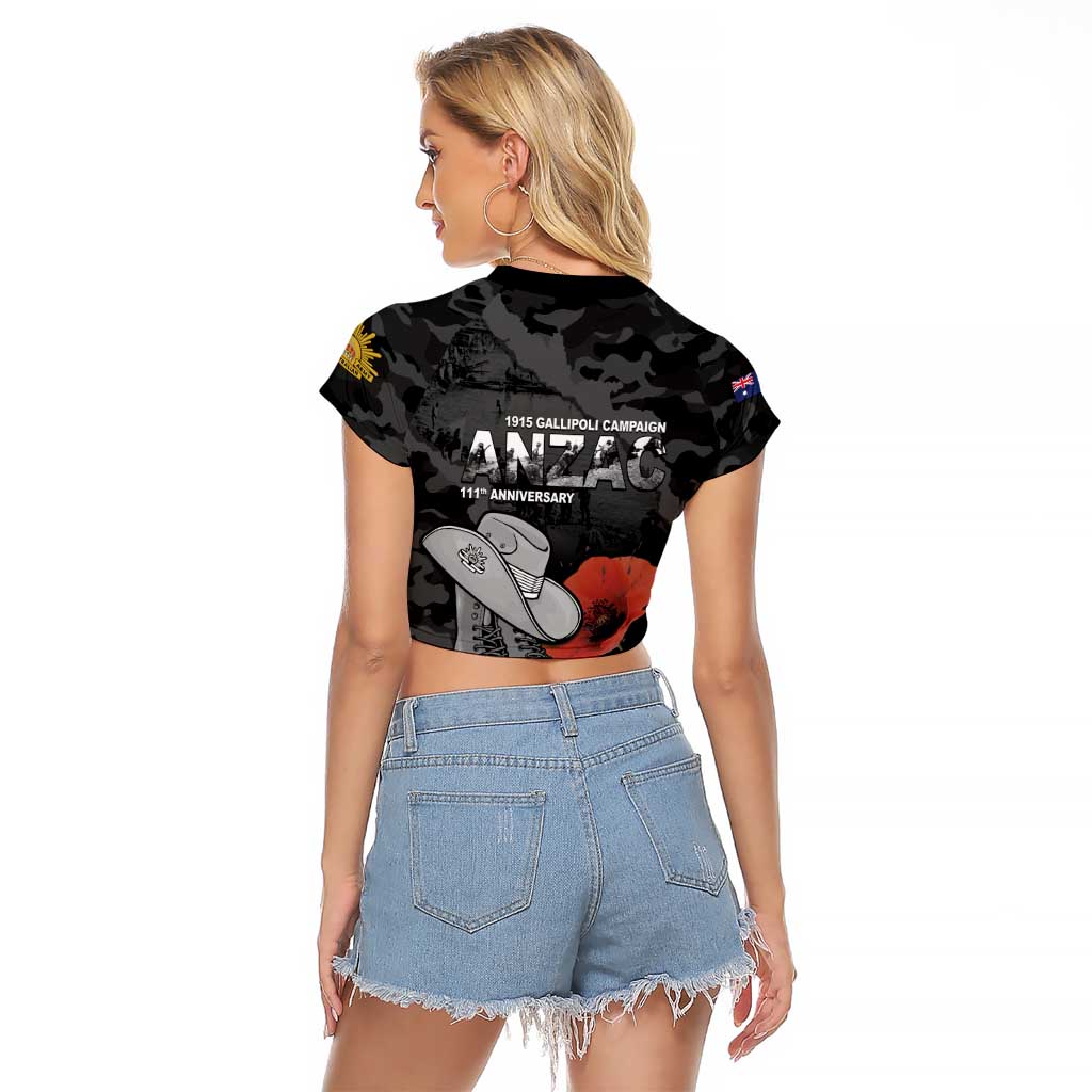 Australia 1915 Gallipoli ANZAC Raglan Cropped T Shirt 111th Anniversary Army Boots And Slouch Hat