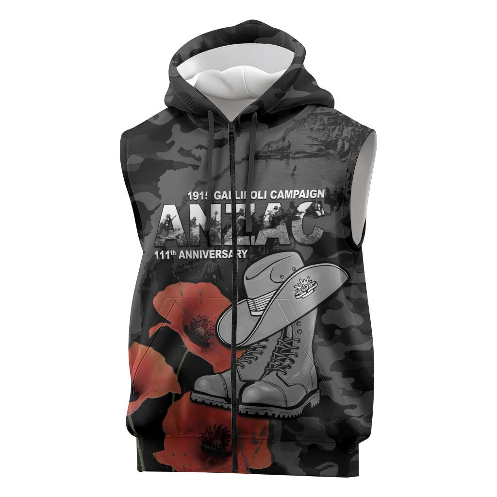 Australia 1915 Gallipoli ANZAC Sleeveless Zip Hoodie 111th Anniversary Army Boots And Slouch Hat