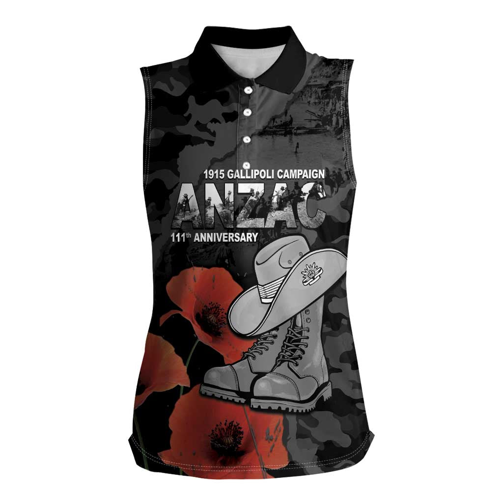 Australia 1915 Gallipoli ANZAC Women Sleeveless Polo Shirt 111th Anniversary Army Boots And Slouch Hat