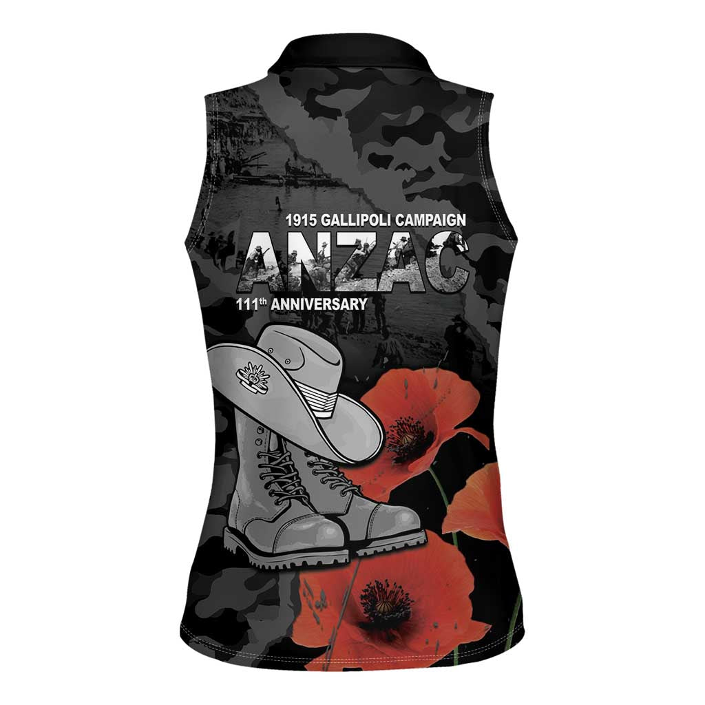 Australia 1915 Gallipoli ANZAC Women Sleeveless Polo Shirt 111th Anniversary Army Boots And Slouch Hat