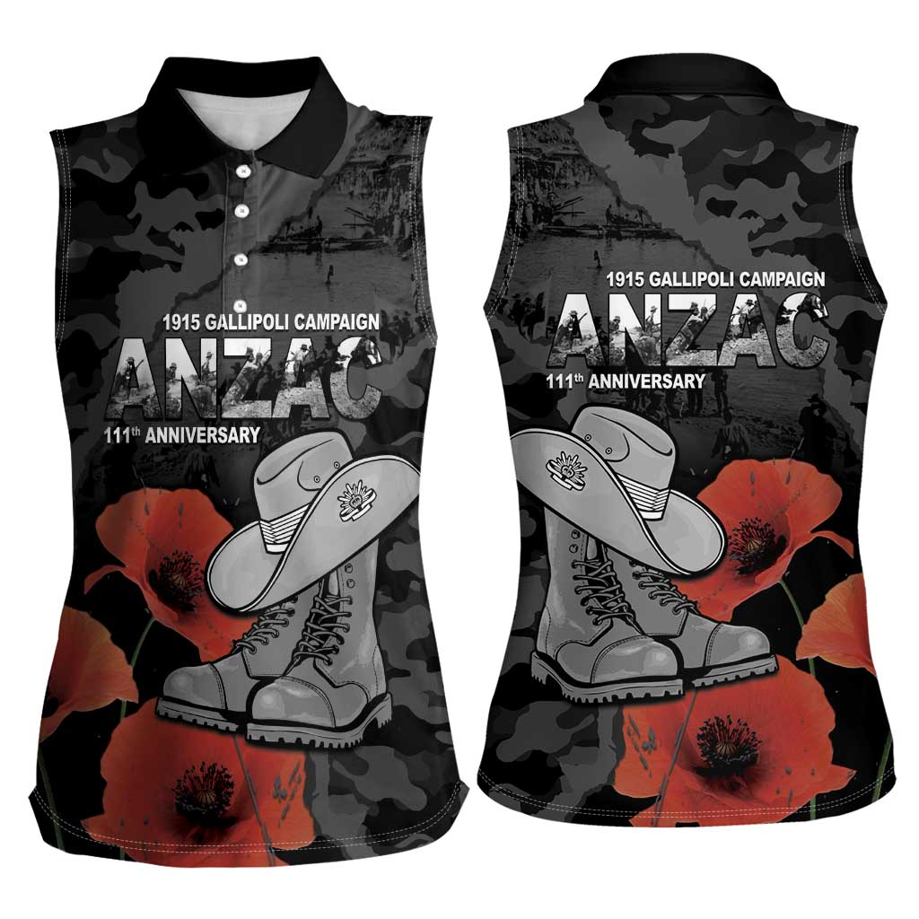 Australia 1915 Gallipoli ANZAC Women Sleeveless Polo Shirt 111th Anniversary Army Boots And Slouch Hat