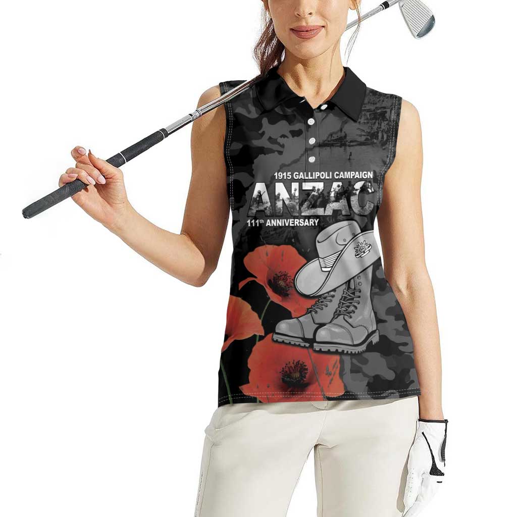 Australia 1915 Gallipoli ANZAC Women Sleeveless Polo Shirt 111th Anniversary Army Boots And Slouch Hat