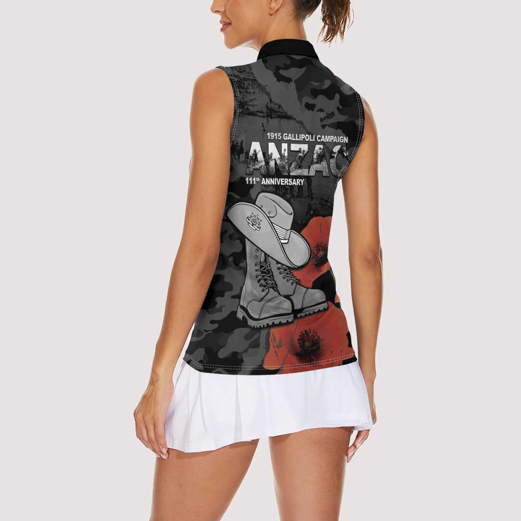 Australia 1915 Gallipoli ANZAC Women Sleeveless Polo Shirt 111th Anniversary Army Boots And Slouch Hat