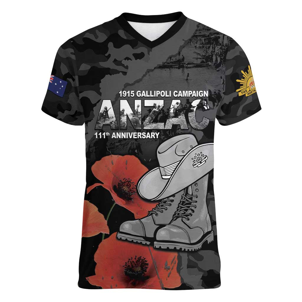 Australia 1915 Gallipoli ANZAC Women V-Neck T-Shirt 111th Anniversary Army Boots And Slouch Hat