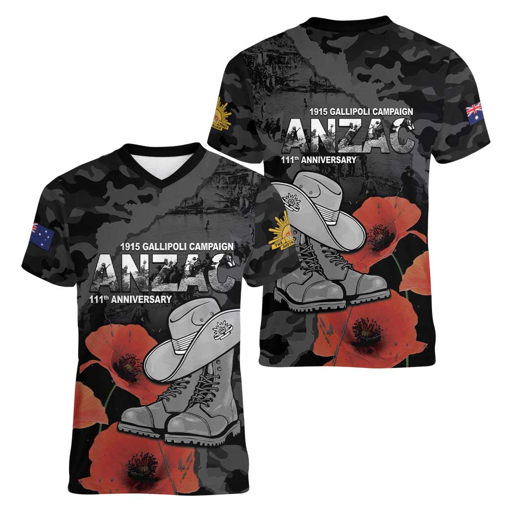 Australia 1915 Gallipoli ANZAC Women V-Neck T-Shirt 111th Anniversary Army Boots And Slouch Hat