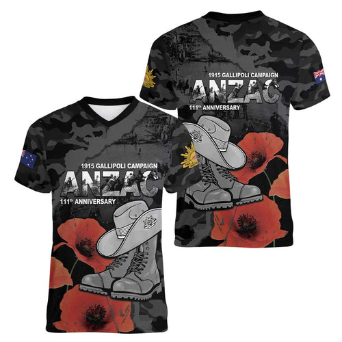 Australia 1915 Gallipoli ANZAC Women V-Neck T-Shirt 111th Anniversary Army Boots And Slouch Hat