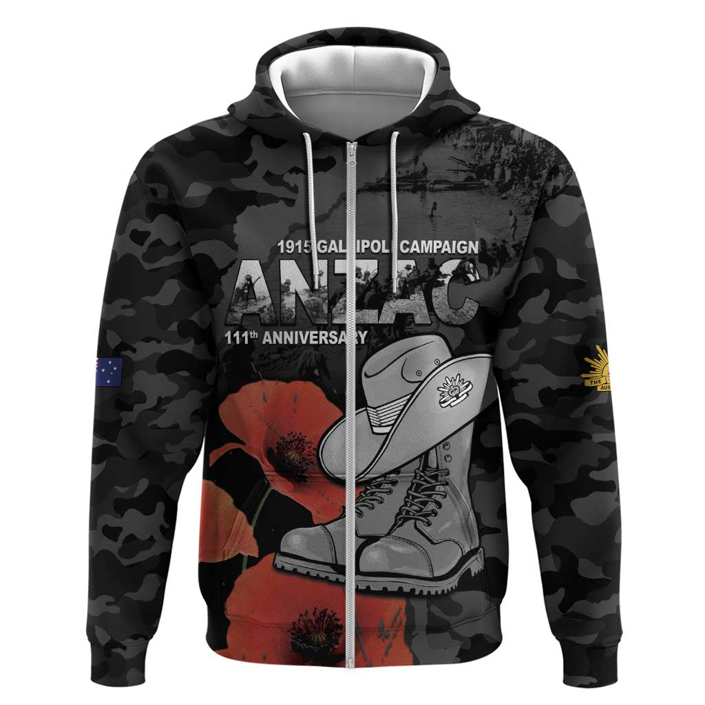 Australia 1915 Gallipoli ANZAC Zip Hoodie 111th Anniversary Army Boots And Slouch Hat