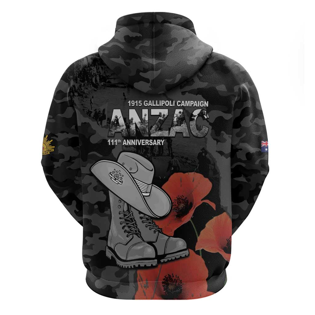 Australia 1915 Gallipoli ANZAC Zip Hoodie 111th Anniversary Army Boots And Slouch Hat