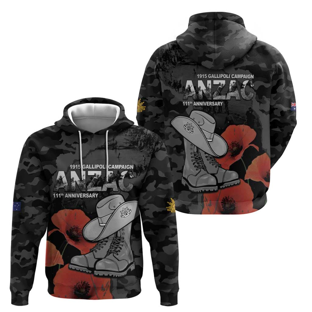 Australia 1915 Gallipoli ANZAC Zip Hoodie 111th Anniversary Army Boots And Slouch Hat