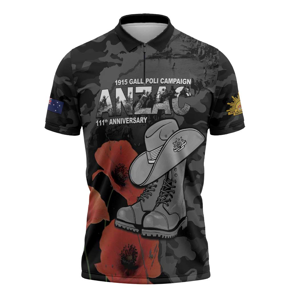 Australia 1915 Gallipoli ANZAC Zipper Polo Shirt 111th Anniversary Army Boots And Slouch Hat