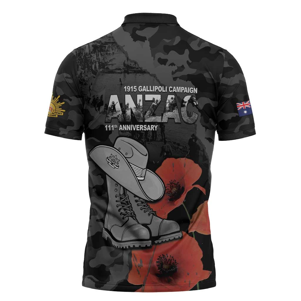 Australia 1915 Gallipoli ANZAC Zipper Polo Shirt 111th Anniversary Army Boots And Slouch Hat