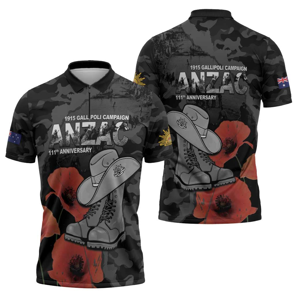 Australia 1915 Gallipoli ANZAC Zipper Polo Shirt 111th Anniversary Army Boots And Slouch Hat