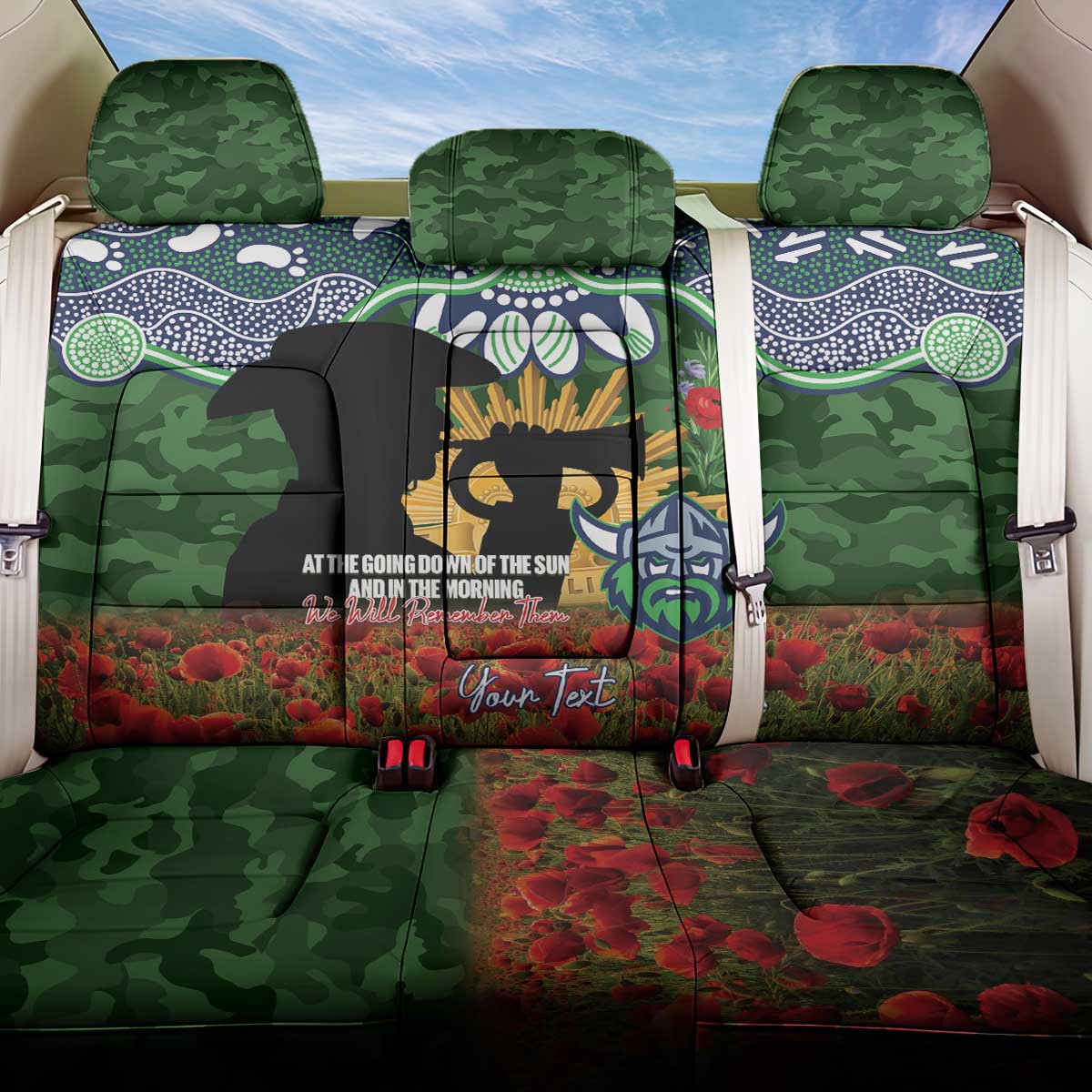 Personalised Raiders Rugby ANZAC Day Back Car Seat Cover Last Post Poppy We Will Remember Them