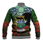 Personalised Raiders Rugby ANZAC Day Baseball Jacket Last Post Poppy We Will Remember Them