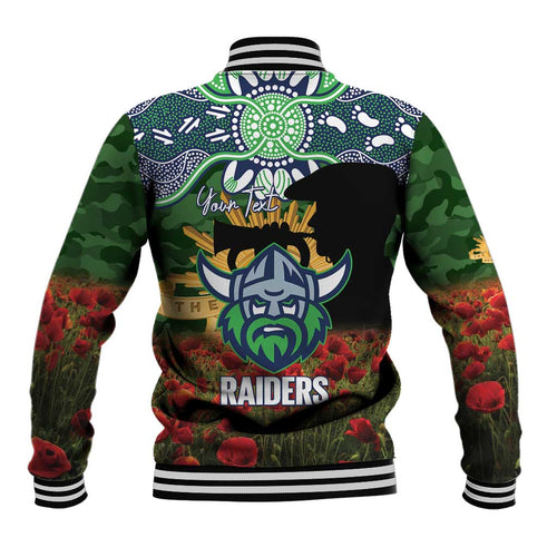 Personalised Raiders Rugby ANZAC Day Baseball Jacket Last Post Poppy We Will Remember Them