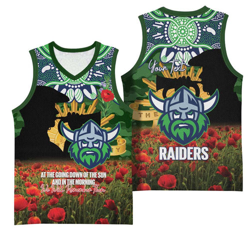 Personalised Raiders Rugby ANZAC Day Basketball Jersey Last Post Poppy We Will Remember Them