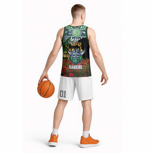 Personalised Raiders Rugby ANZAC Day Basketball Jersey Last Post Poppy We Will Remember Them