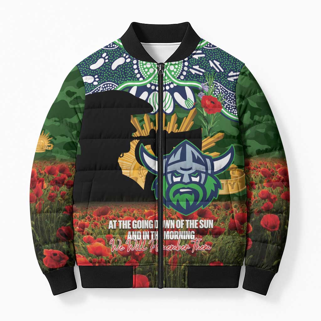 Personalised Raiders Rugby ANZAC Day Bomber Puffer Jacket Last Post Poppy We Will Remember Them