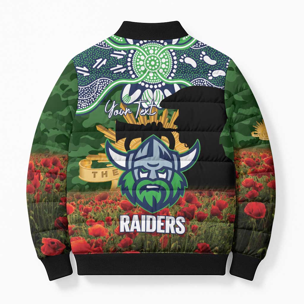 Personalised Raiders Rugby ANZAC Day Bomber Puffer Jacket Last Post Poppy We Will Remember Them