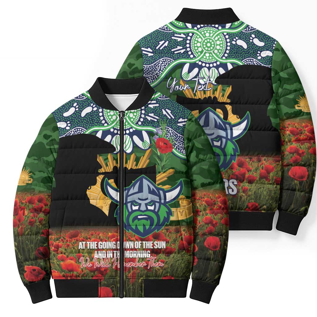 Personalised Raiders Rugby ANZAC Day Bomber Puffer Jacket Last Post Poppy We Will Remember Them