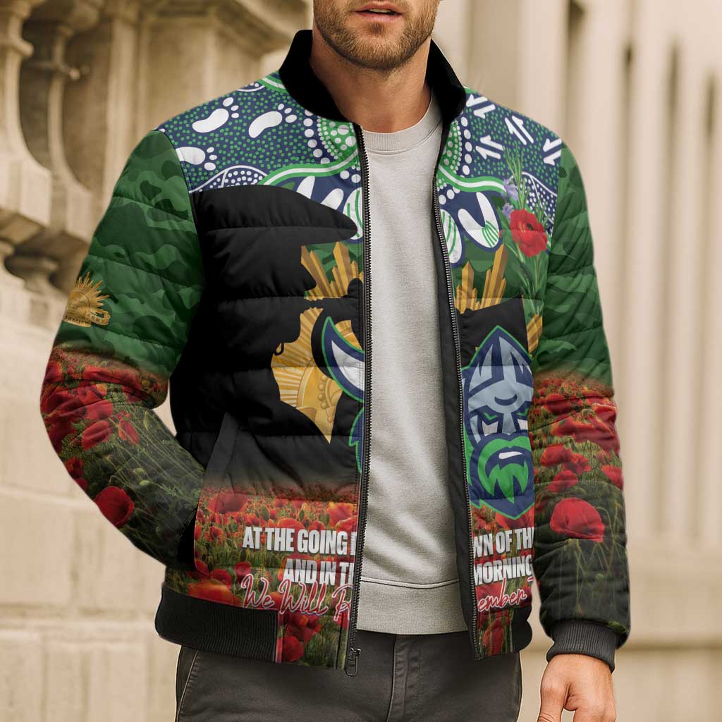 Personalised Raiders Rugby ANZAC Day Bomber Puffer Jacket Last Post Poppy We Will Remember Them