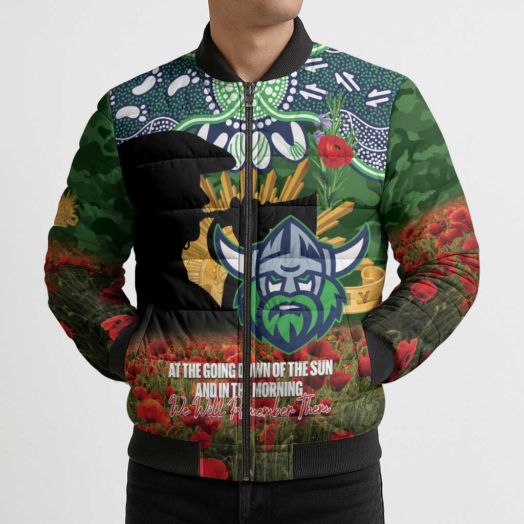 Personalised Raiders Rugby ANZAC Day Bomber Puffer Jacket Last Post Poppy We Will Remember Them