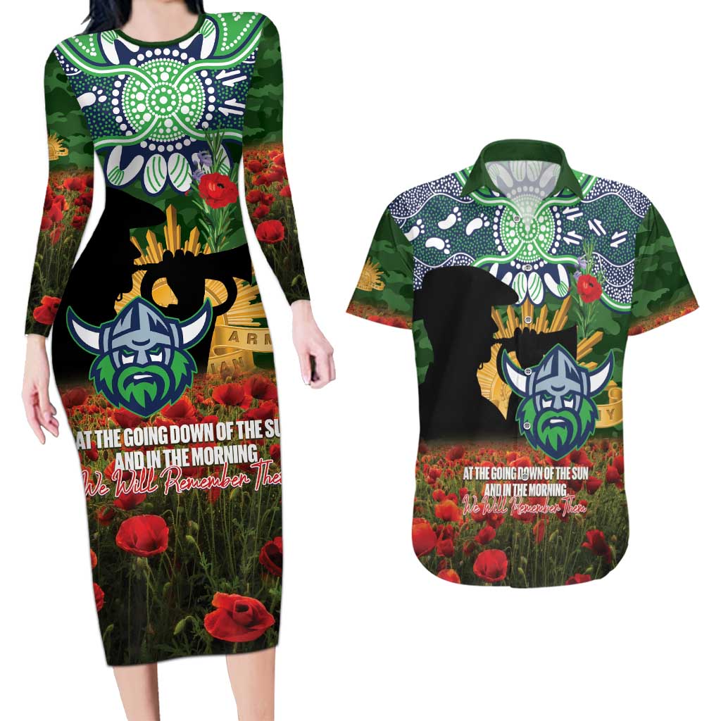 Personalised Raiders Rugby ANZAC Day Couples Matching Long Sleeve Bodycon Dress and Hawaiian Shirt Last Post Poppy We Will Remember Them