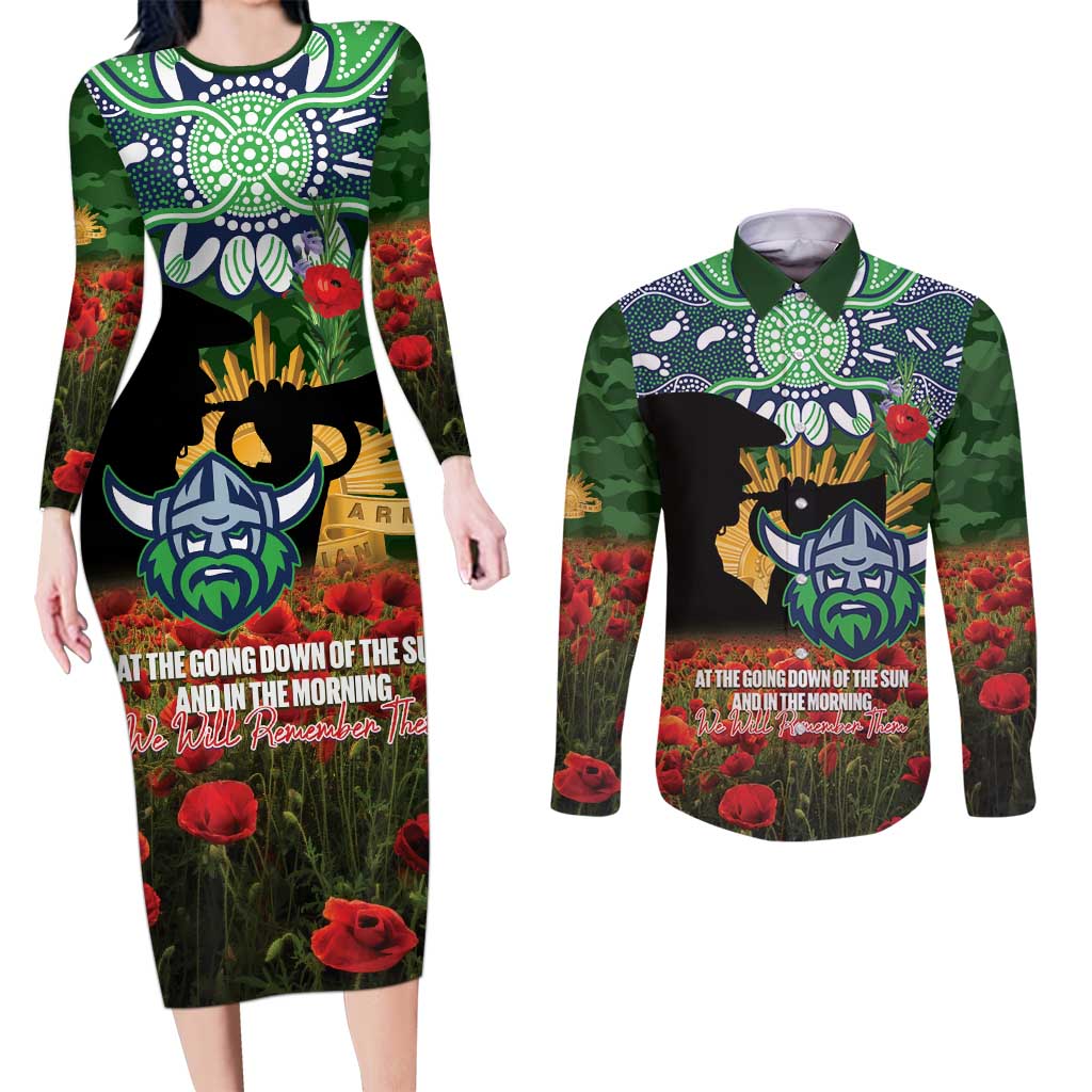 Personalised Raiders Rugby ANZAC Day Couples Matching Long Sleeve Bodycon Dress and Long Sleeve Button Shirt Last Post Poppy We Will Remember Them