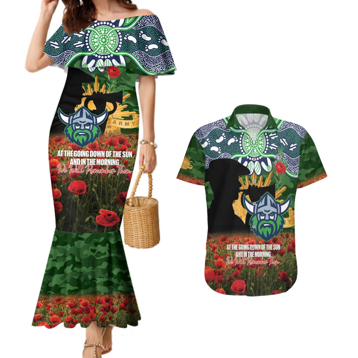 Personalised Raiders Rugby ANZAC Day Couples Matching Mermaid Dress and Hawaiian Shirt Last Post Poppy We Will Remember Them