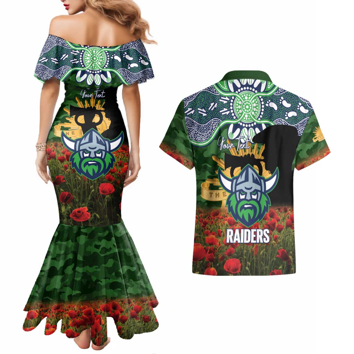Personalised Raiders Rugby ANZAC Day Couples Matching Mermaid Dress and Hawaiian Shirt Last Post Poppy We Will Remember Them