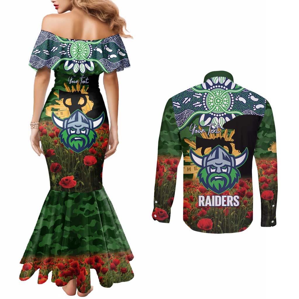 Personalised Raiders Rugby ANZAC Day Couples Matching Mermaid Dress and Long Sleeve Button Shirt Last Post Poppy We Will Remember Them