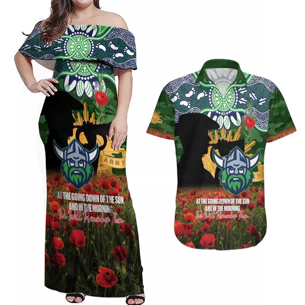 Personalised Raiders Rugby ANZAC Day Couples Matching Off Shoulder Maxi Dress and Hawaiian Shirt Last Post Poppy We Will Remember Them