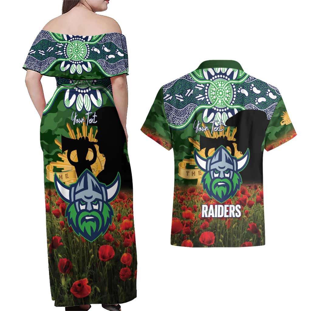 Personalised Raiders Rugby ANZAC Day Couples Matching Off Shoulder Maxi Dress and Hawaiian Shirt Last Post Poppy We Will Remember Them