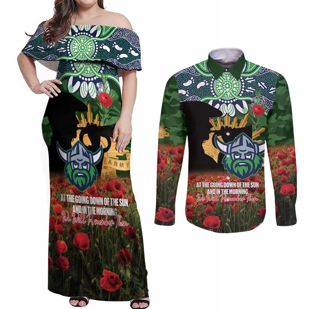 Personalised Raiders Rugby ANZAC Day Couples Matching Off Shoulder Maxi Dress and Long Sleeve Button Shirt Last Post Poppy We Will Remember Them
