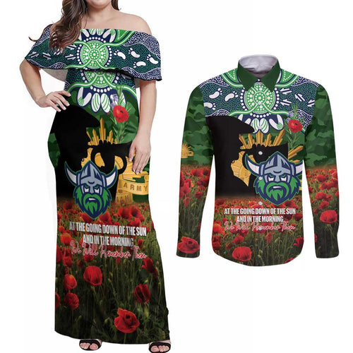 Personalised Raiders Rugby ANZAC Day Couples Matching Off Shoulder Maxi Dress and Long Sleeve Button Shirt Last Post Poppy We Will Remember Them