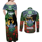 Personalised Raiders Rugby ANZAC Day Couples Matching Off Shoulder Maxi Dress and Long Sleeve Button Shirt Last Post Poppy We Will Remember Them