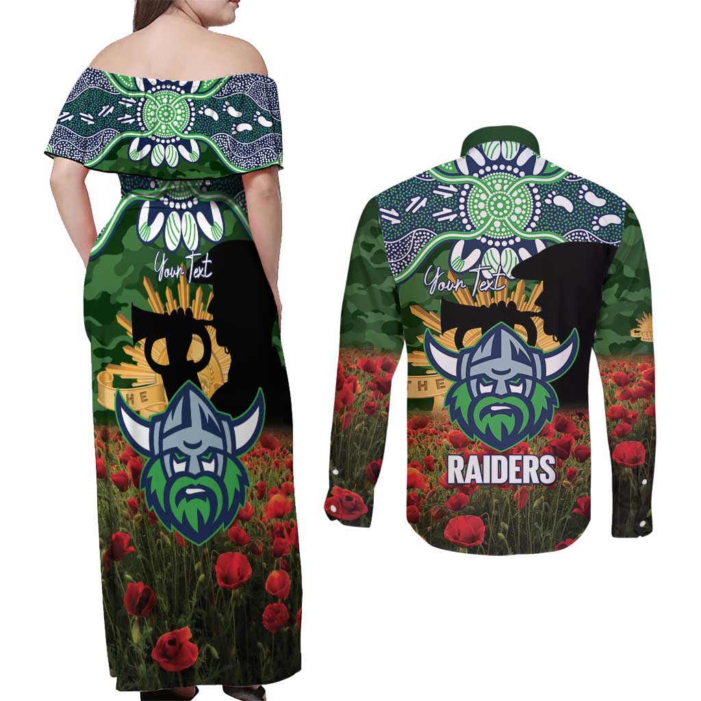 Personalised Raiders Rugby ANZAC Day Couples Matching Off Shoulder Maxi Dress and Long Sleeve Button Shirt Last Post Poppy We Will Remember Them