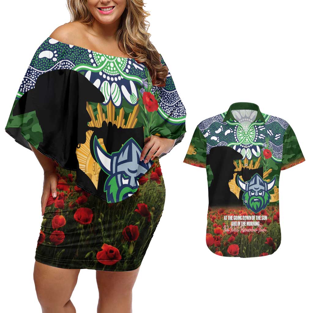 Personalised Raiders Rugby ANZAC Day Couples Matching Off Shoulder Short Dress and Hawaiian Shirt Last Post Poppy We Will Remember Them