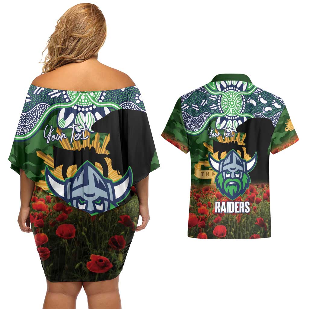 Personalised Raiders Rugby ANZAC Day Couples Matching Off Shoulder Short Dress and Hawaiian Shirt Last Post Poppy We Will Remember Them